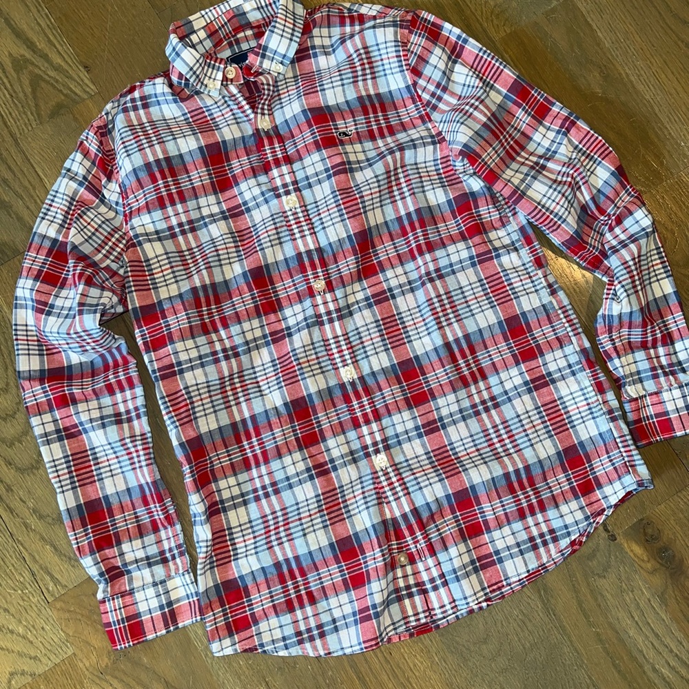 Vineyard Vines Red and Blue Plaid Kids Button Down Shirt sz Youth Large (16)